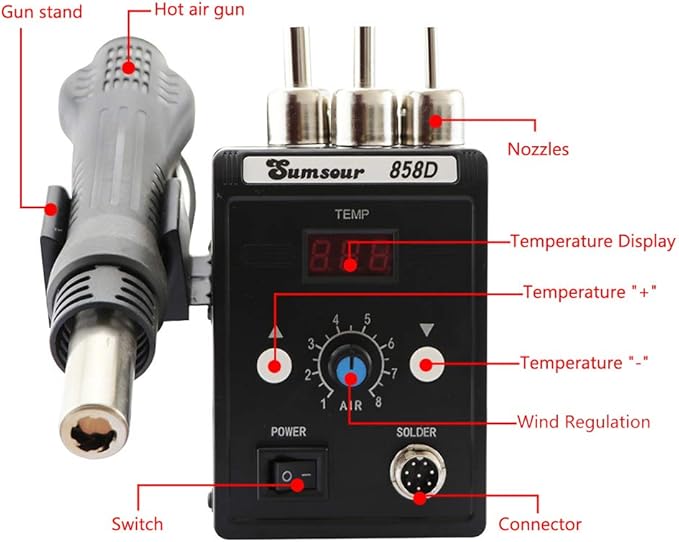 Hot Air Heat Soldering Gun 858D 700W 110V BGA Rework Solder Desoldering Station For SMD Welding Repair Tools Kit (Black 858D SET-3)