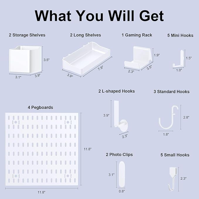 Peg Board, 4 Pack PP Plastic Pegboard Panels, White Pegboards Wall Organizer, Heavy Duty Peg Board for Walls Home, Garage Tool Storage, Office Organization, Craft Room, Kitchen