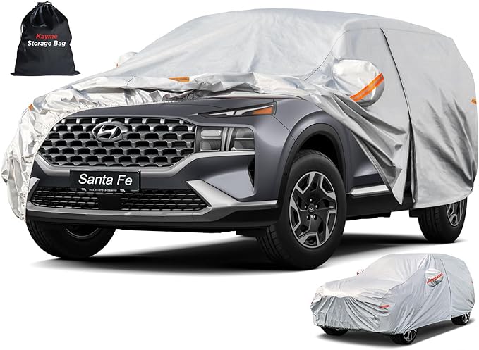 Kayme 6 Layers SUV Car Cover Custom Fit for Hyundai Santa Fe (2006-2025) Waterproof All Weather for Automobiles, Outdoor Full Cover Rain Sun UV Protection.Silver