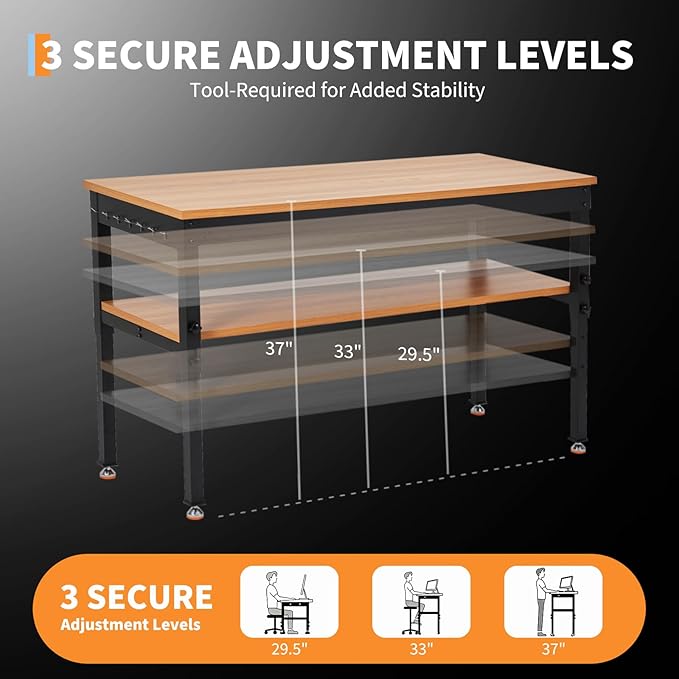 60" Work Bench with Storage Shelf, Adjustable Height Workbench, 60" x 24" Work Benches for Garage, 2500 LBS Tool Bench with Power Outlet for Workshop & Home