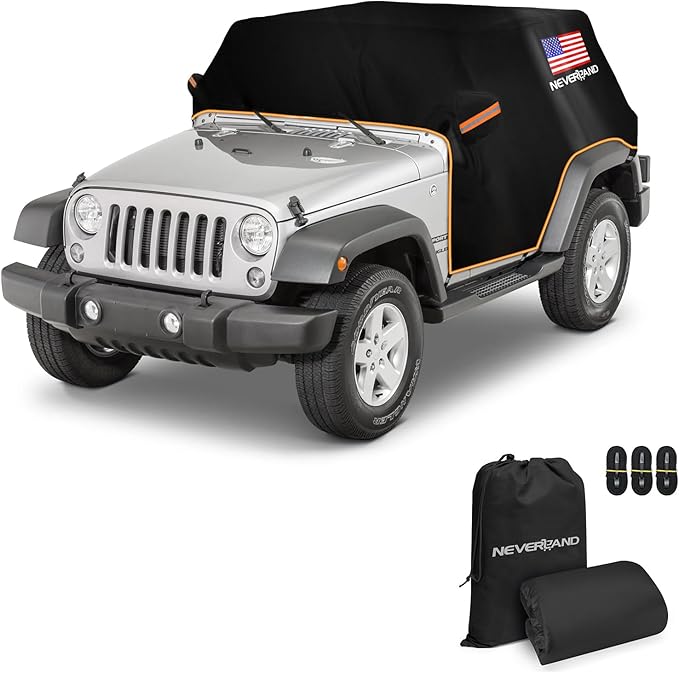 Wrangler Cab Cover for 2007-2025 Jeep Wrangler JK JKU JL JLU 4 Door,NEVERLAND Half Car Cover Waterproof Oxford with Reflective Strip,Sun Snowproof Cab Car Cover Black