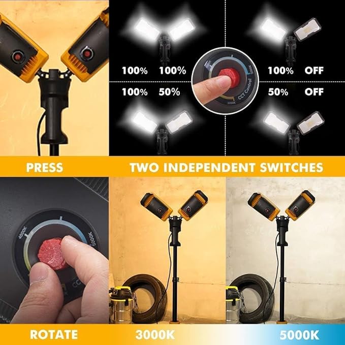 【Upgraded】LUTEC 6290Max 15000 Lumen 138W Dimmable LED Work Light with Telescoping Tripod, Adjustable Color Temperature Dual-Head Work Light with Stand and 8 Ft 3-Prong Power Cord