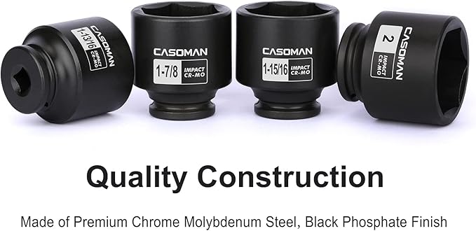CASOMAN 1/2'' Drive Spindle Axle Nut Impact Socket Set, 6 Point, CR-MO,1-13/16, 1-7/8, 1-15/16, 2 inch, 4PC 1/2-Inch Impact Socket Set, Heavy Duty Use In Removing And Installing Axle Nuts