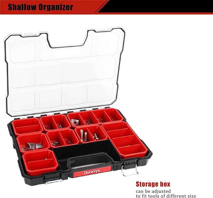Tools Organizer, Small Parts Storage Toolbox, 17.3 * 13.7 * 2.5" Durable Hardware Box Storage, with Removable Inner Cups
