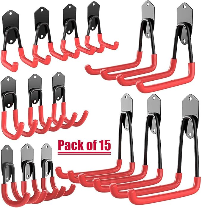 TORACK Garage Hooks Heavy Duty, 15 Pack Wall Mount Steel Utility Hooks&Hangers, Anti-Slip Rubber Coated, Garage Storage Organizer for Garden Tools, Power Tools, Ladders, Brooms, Bikes, Bulk Items