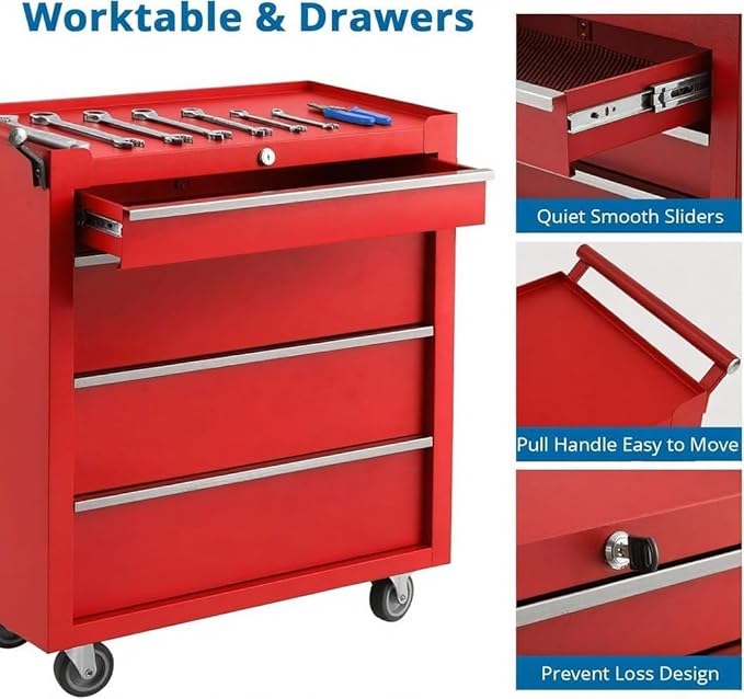 Professional Workstation Version 24" 4-Drawer Rolling Tool Chest - Lockable Storage Cabinet with Wheels for Workshop & Garage Organization