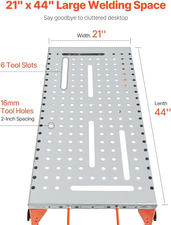 VEVOR Foldable Welding Table 44" x 21", 500LBS Capacity Welding Workbench with 4-Level Adjustable Height, Carbon Steel Work Bench with 6 Tool Slots & 0.63" Fixture Holes for Welding Assembly Repair