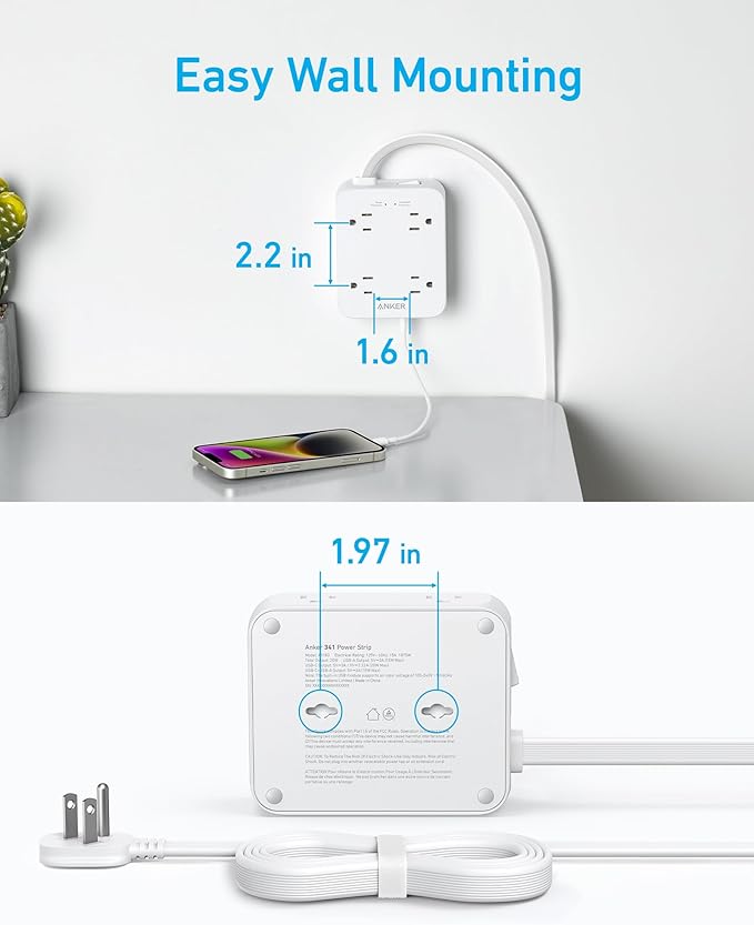 Anker Power Strip with 2000J Surge Protector, Flat Plug Extension Cord with Multiple Outlets, 8 AC, 2 USB A & 1 USB C Port for 20W, 5ft Outlet Extender, Dorm Room Essentials, Home Office, TUV Listed