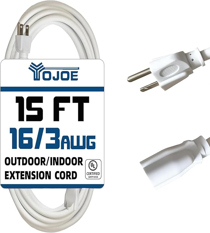 YOJOE Indoor Outdoor Extension Cord, 3 Prong 13A Weatherproof Power Cord, 16 Gauge Heavy Duty 15 ft White Extension Cord for Garage, Garden and Home, 16/3 SJTW UL Listed
