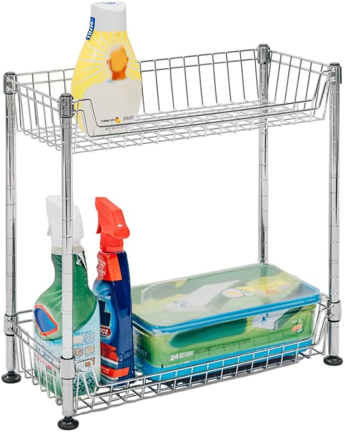Shelving Inc. 8" d x 18" w x 18" h 2-Tier Chrome Wire Basket Rack, Everyday Shelving, Weight Capacity 65 lbs Per Shelf