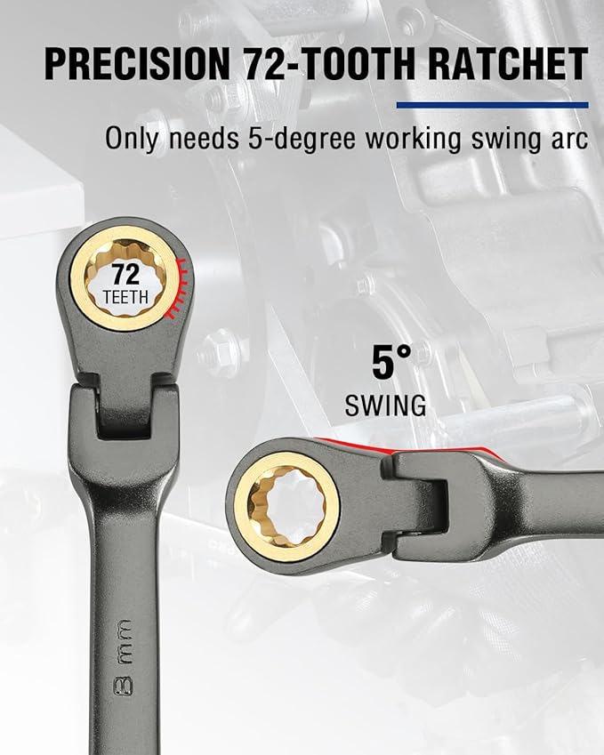 WORKPRO 8 mm Flex-Head Ratcheting Combination Wrench, Cr-V Constructed, Nickel Plating, 72-Teeth, 12 Point Design, Metric