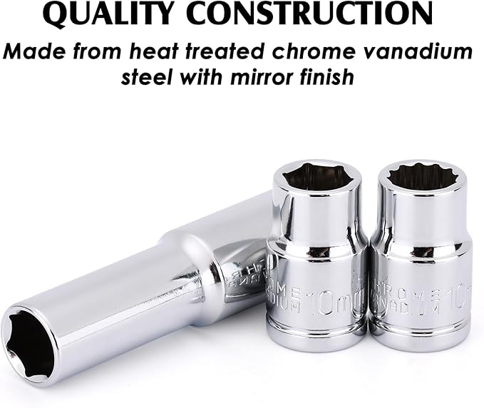 MIXPOWER 6PCS 3/8"Drive 10mm Deep&Shallow Socket, CR-V, Metric, Mirror Finish, 6 Point & 12 Point