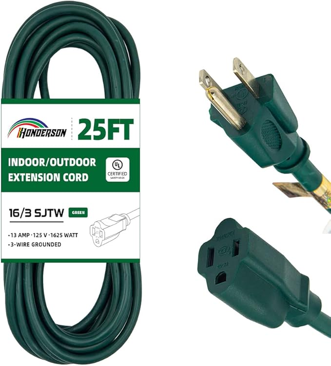 25FT Outdoor Extension Cord-16/3 SJTW Durable Green Extension Cable with 3 Prong Grounded Plug for Safety,Great for Outside Christmas Decorations