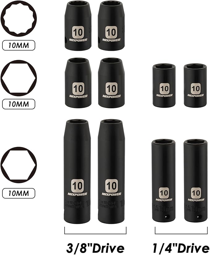 MIXPOWER 10PCS 1/4" & 3/8" Drive 10mm Deep&Shallow Socket, 6 Point & 12 Point, CR-V, Metric, Black Phosphate Finish…