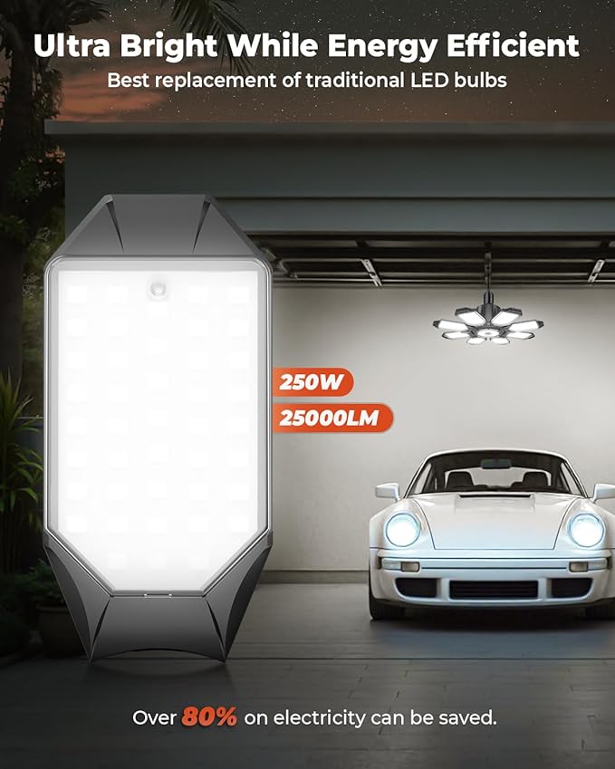 LED Garage Lights 2 Pack, Ultra Bright 25000LM Shop Light with 8 Foldable Panels, 6500K LED Light for Garage, Workshop, Utility Room