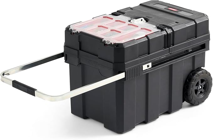 Keter Masterloader Resin Rolling Tool Box with Locking System and Removable Bins – Perfect Organization and Storage Chest for Power Drill, Tape Measure, and Screwdriver Set, Black