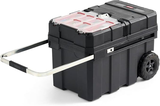 Keter Masterloader Resin Rolling Tool Box with Locking System and Removable Bins – Perfect Organization and Storage Chest for Power Drill, Tape Measure, and Screwdriver Set, Black
