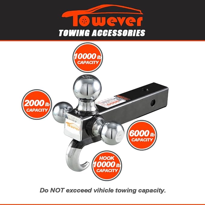 84180 Trailer Hitch Tri Ball Mount with Hook, 3 Ball Hitch Fit for Towing Hitch 2 inch Receiver (Hollow Shank Tow Hitch, Black & Chrome)