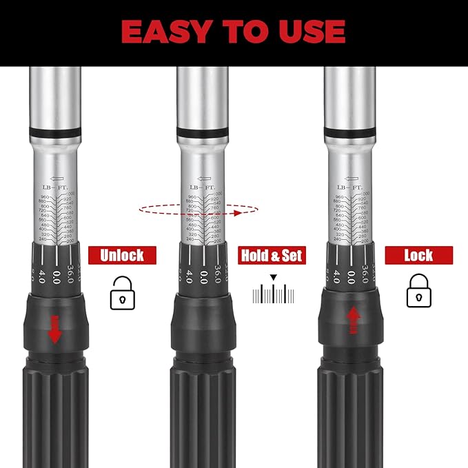 1-Inch Drive Click Torque Wrench, Dual-Scale Adjustable Torque Wrench Set with a Hex Key 200-1000ft.lb / 271-1356.7Nm