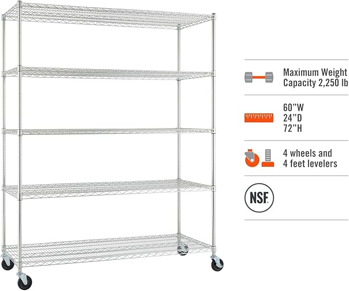 Trinity Basics TBFC-0931 5-Tier Adjustable Wire Shelving with Wheels for Kitchen Organization, Garage Storage, Laundry Room, NSF Certified, 600 to 2250 Pound Capacity, 60” by 24” by 77”, Chrome