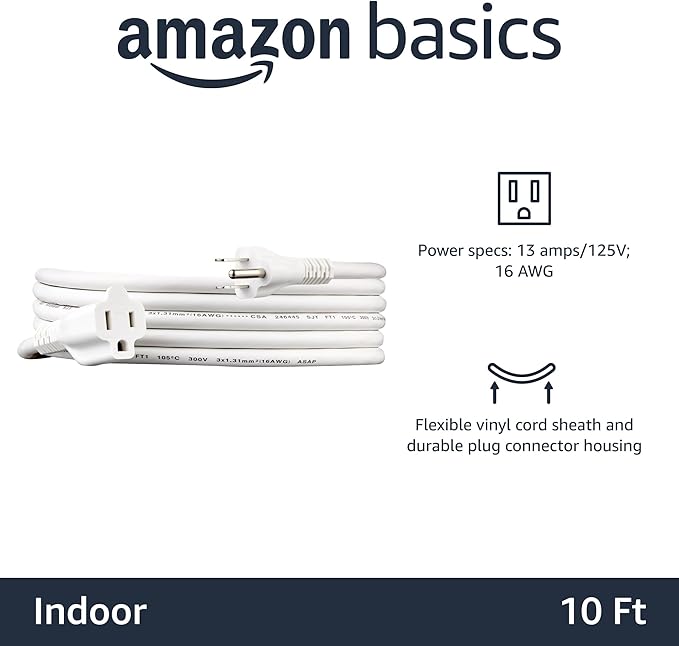 Amazon Basics Extension Cord, 10 Ft, 3-Prong Outlet Extender, Indoor Use, 13 Amps, 125V, White