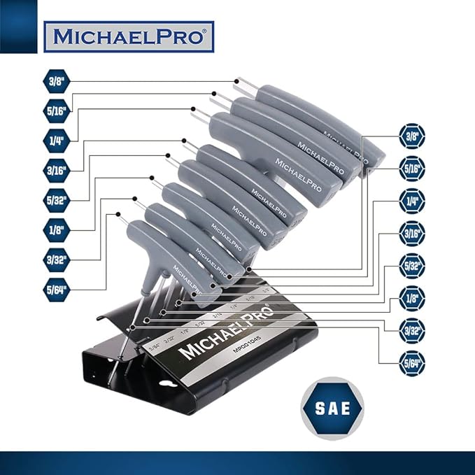 MichaelPro 8-Piece T-Handle Ball End Allen Wrench Set, Hex Keys Set with Convenient Storage Stand (SAE, Gray)