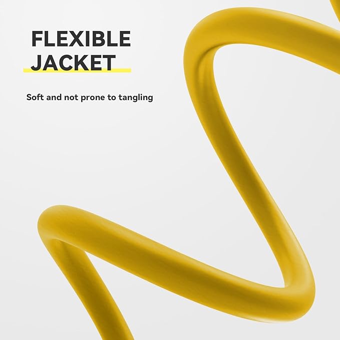 50 ft Outdoor Indoor Extension Cord - 12/3 SJTW 15 AMP Heavy Duty Yellow Extension Cable with 3 Prong Grounded Plug - Power Cord for Lawn, Garden, Appliances