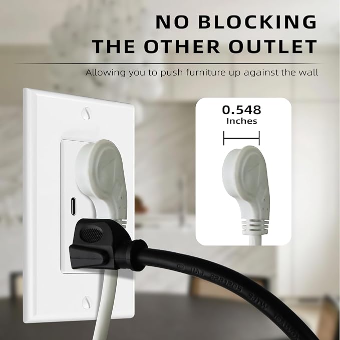 EP 2 Pack 3 Ft Flat Plug Extension Cord, 16 AWG 3 Prong Grounded White Low Profile Extension Cable for Indoor