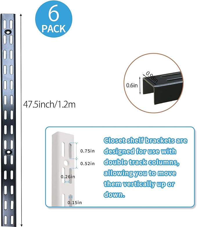 6‑Pack Dual‑Track Wall Shelf Rails – 47.5 in / 120 cm Heavy‑Duty Upright Standards for Adjustable Shelving in Pantries, Closets, Garages (Black)
