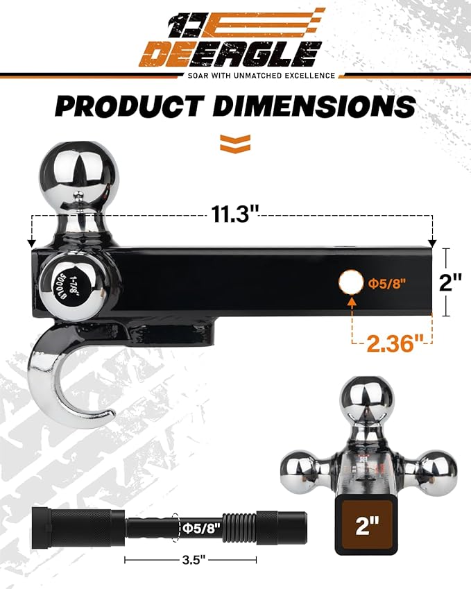 DEEAGLE 3 Ball Hitch with Hook, Tri Ball Hitch with 3.5” Hitch Pin Lock, 1-7/8", 2" and 2-5/16" Ball, Fit 2” Hitch Receiver, Heavy Duty Trailer Hitch, Include Pin Lock