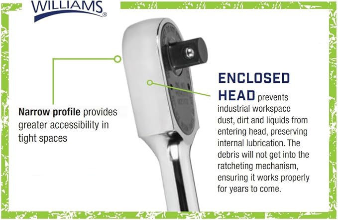 Williams JHWS-52EHA 1/2-Inch Drive Enclosed Head Ratchet with Chrome Finish, Single Pawl Ratchet Design, 36 Tooth Gear Engagement - 10-1/4 Inches