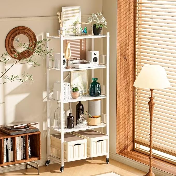 5-Tier Folding Shelves with Wheels, 1100LBS Heavy Duty Metal Foldable Shelving Unit, No Assembly Collapsible Storage Rack Organizer for Garage, Kitchen, Pantry, Basement, Gym - White