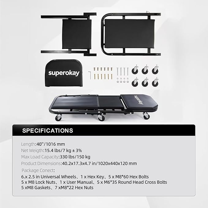 superokay 2-in-1 Folding Creeper Seat, 40-Inch Professional Mechanic Cart with 6 Casters, 330 lbs Capacity Rolling Creeper for Garage & Shop, Foldable Z Creeper Seat with Tool Tray