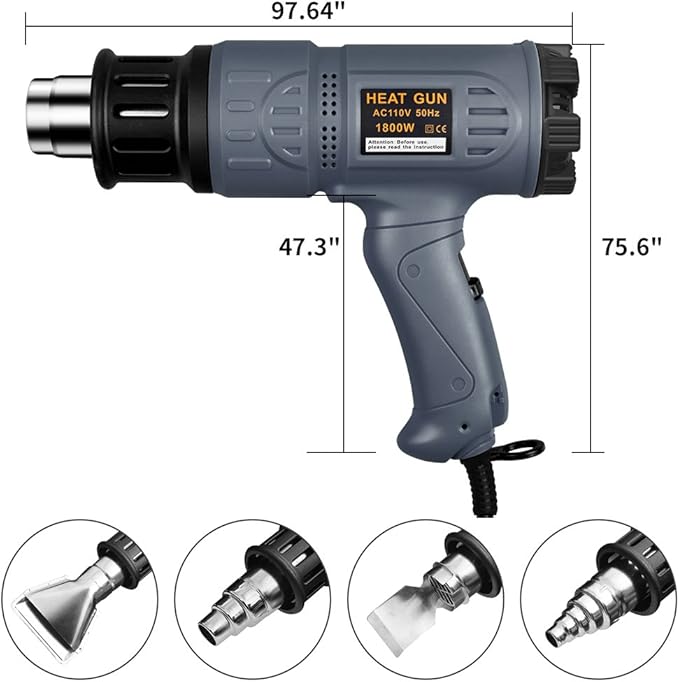 SEEKONE Industrial Heat Gun 1800W 122℉-1202℉(50℃-650℃) Variable Temperature Control with 2 Temp-settings, Overheat Protection, 4 Nozzle Attachments for Shrinking PVC, Bending Pipe, Removing Paint