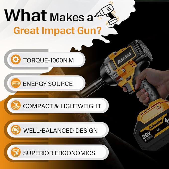 1000N.m Cordless Impact Wrench 1/2 inch,20V 740ft-lbs High Torque Impact Gun with 4.0 AH Battery,Sockets and Case,Brushless Power Impact Driver for Automotive and Heavy Duty Use