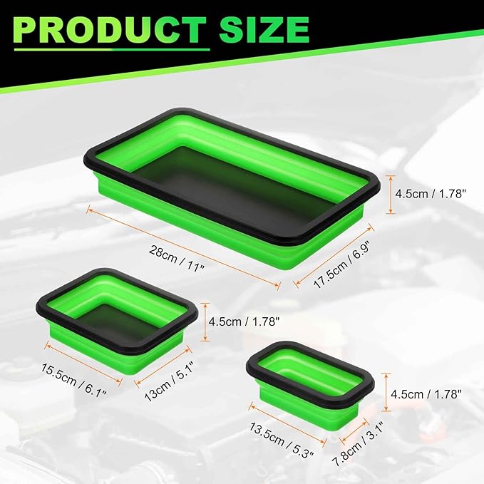 HARFINGTON 3pcs Collapsible Magnetic Parts Tray Set 3 Different Size Foldable Small Metal Parts Tool Tray Rectangle Silicone Bowls for Fixing Screw Bolts Nuts Washers Pins, Green