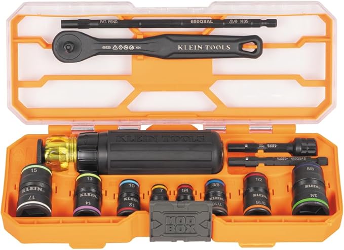 Klein Tools 65242 KNECT Impact Socket Set, Ratcheting Screwdriver Set, 1/4-Inch Drive, 4 SAE and 4 Metric Flip Sockets, 16 Hex Sizes, Adapters, MODbox Case