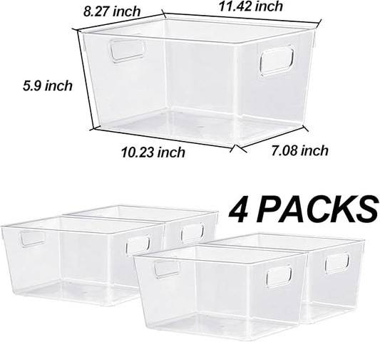 ZEXALOR 4pcs Clear Storage Bins Clear Storage Containers for Kitchen Pantry Organization, Organizing Bins with Built in Handles, Cabinet Organizers