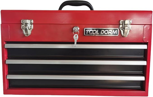 20.3“ Metal Tool Box with Drawer Portable Steel Tool Box with Protective Liner and Latch Closure and Lock for Garage, Home and Warehouse (Red & Black-3 Drawers)