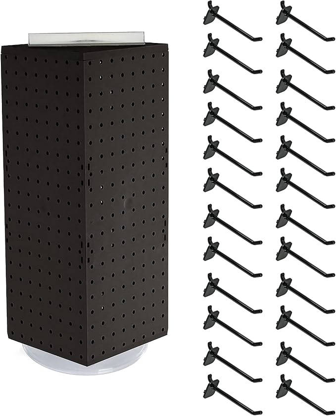 Azar Displays 703385-BLK-4B24, Four-Sided Revolving 8"W x 20"H Pegboard Counter Display w/ 24 Hooks- 4” Length, Black