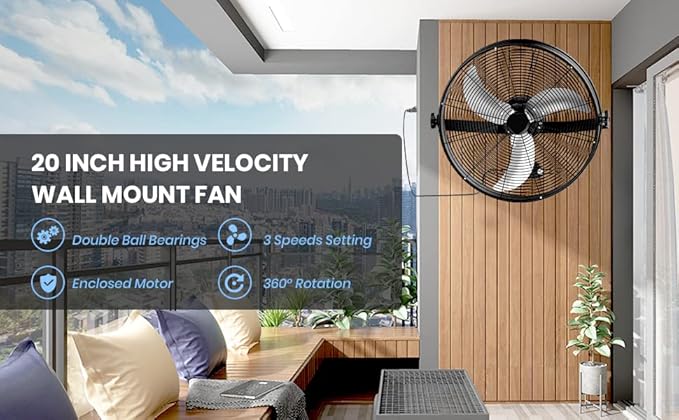 Simple Deluxe 20 Inch High Velocity Wall Mount Fan with Rack, 3 Speed Industrial/Commercial Metal Ventilation Fan
