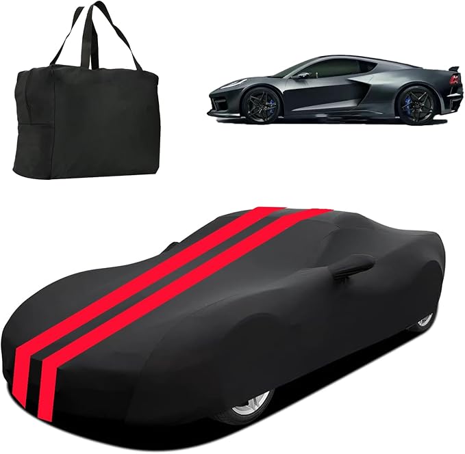 Indoor Car Cover Compatible with 2020-2024 C8 Corvette Custom-fit Form-Fitting Breathable Dust-Proof Stretch Car Cover for Underground Garage, Car Show（Black+Red）