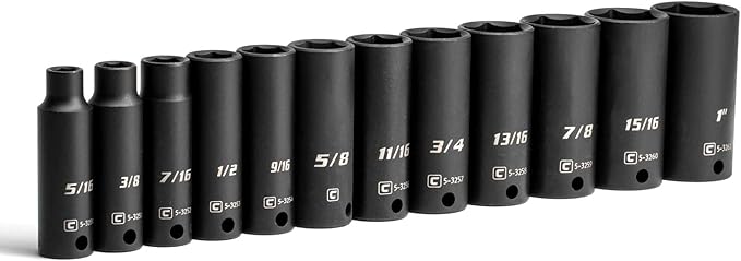 Capri Tools 3/8-Inch Drive Deep Impact Socket Set, SAE, 5/16 to 1 in., Premium Chrome Molybdenum Steel, 12-Piece