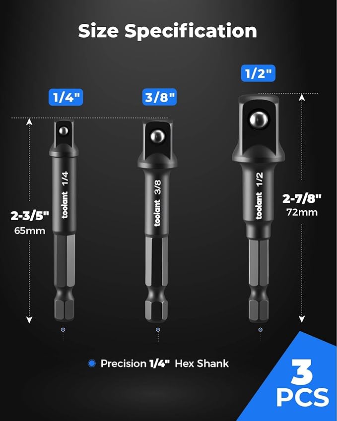 toolant Impact Socket Adapter Set, 3 pcs, 1/4", 3/8", 1/2" Drive, Hex Shank Drill Bit Adapter with Holder, Compatible with Power Drill & Impact Driver