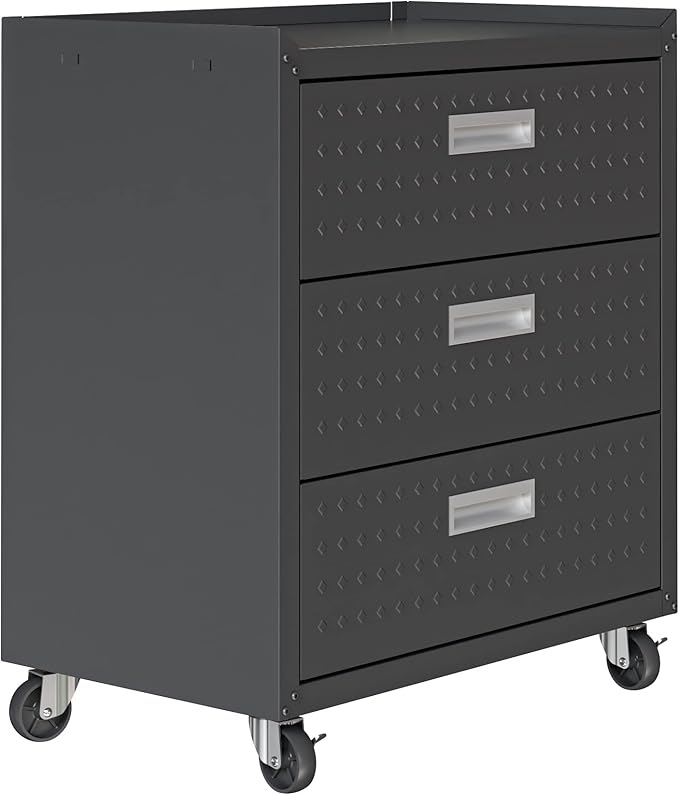 Manhattan Comfort Fortress 31.5-Inch Rolling Garage Tool Chest, 3-Drawer Lockable Mobile Storage Cabinet, Diamond-Textured Steel Utility Organizer with Wheels for Basement, Workshop in Charcoal Grey