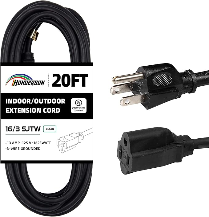 20FT Outdoor Extension Cord-16/3 SJTW Durable Black Extension Cord for Christmas Lights with 3 Prong Grounded Plug for Safety,Great for Outside Christmas Decorations