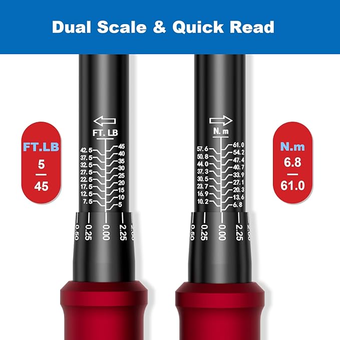 3/8-Inch Drive Click Torque Wrench - 5-45 Ft-Lb/6.8-61Nm, Dual-Direction Adjustable 72 Tooth Click Torque Wrench for Bike, Motorcycle and Car Repair