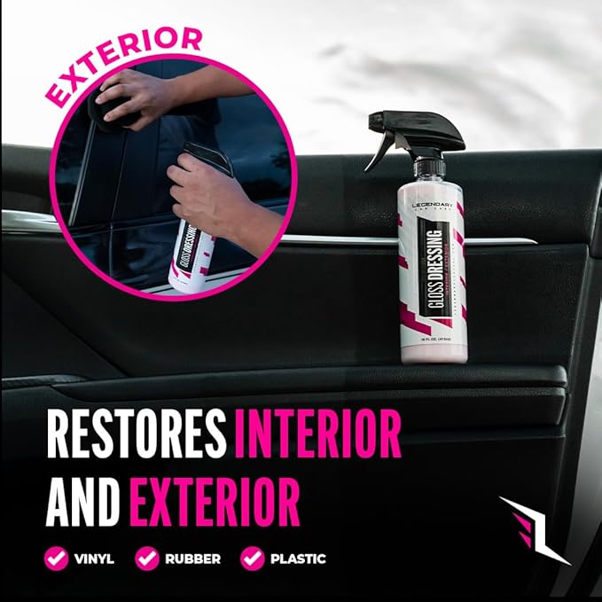 Legendary Gloss Dressing 64oz (Half Gallon) - Tire Shine Spray & Plastic Restorer – Water Based & Non-Greasy Interior/Exterior Detailing Spray - Trim, Rubber, Vinyl & Plastic Restorer for Cars