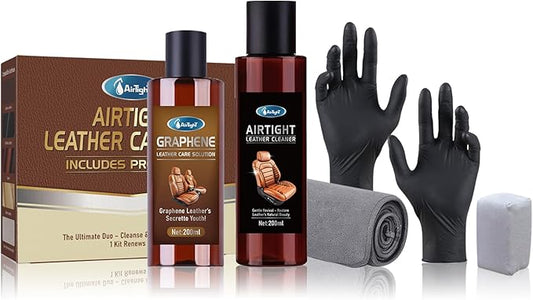 AirTighT Graphene Leather Cleaner & Conditioner Kit - Deep Clean, Restore & UV Protection for Car Seats, Furniture, Couches, Shoes - Includes Microfiber Towel & 3D Applicator.
