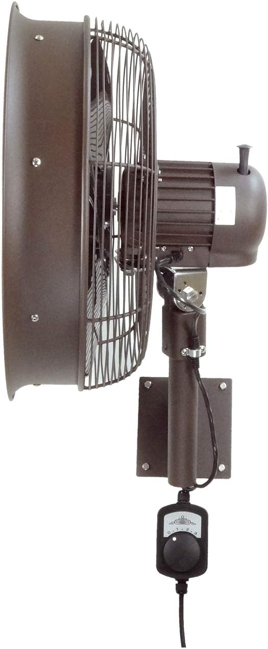 HydroMist Oscillating Wall Mounted Outdoor-Rated Fan, 3-Speed Cord Control, Hard Resin Mold-Resistant Fan Blade with Mounting Bracket and Black Vinyl Cover, Very Quiet Running, 18”, Dark Brown